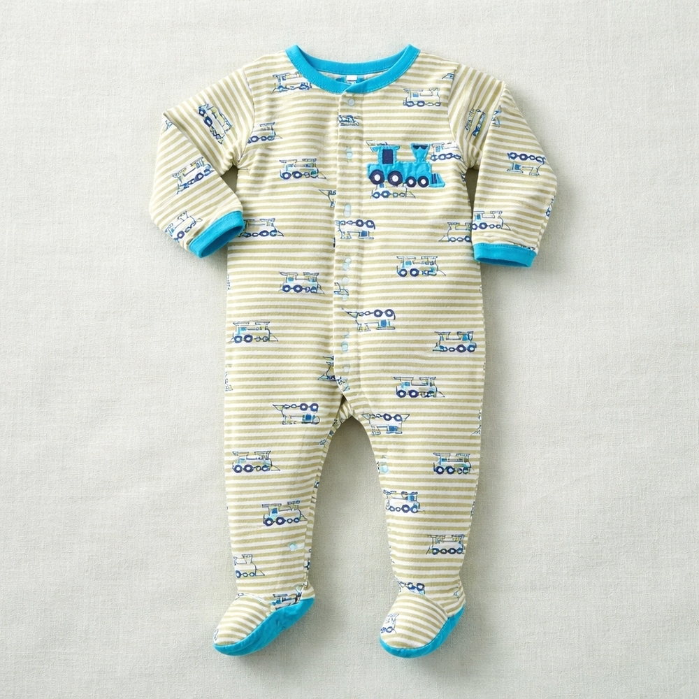 5/$25 Pekkle Baby Boys Footed Sleeper Train Stripe 12M